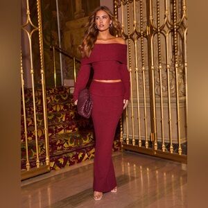 VICI Stellan Off The Shoulder Knit Sweater & Midi Skirt Set in Wine, Size Small